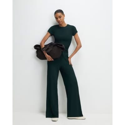 Green Textured Wide Leg Trousers