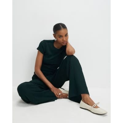 Green Textured Wide Leg Trousers