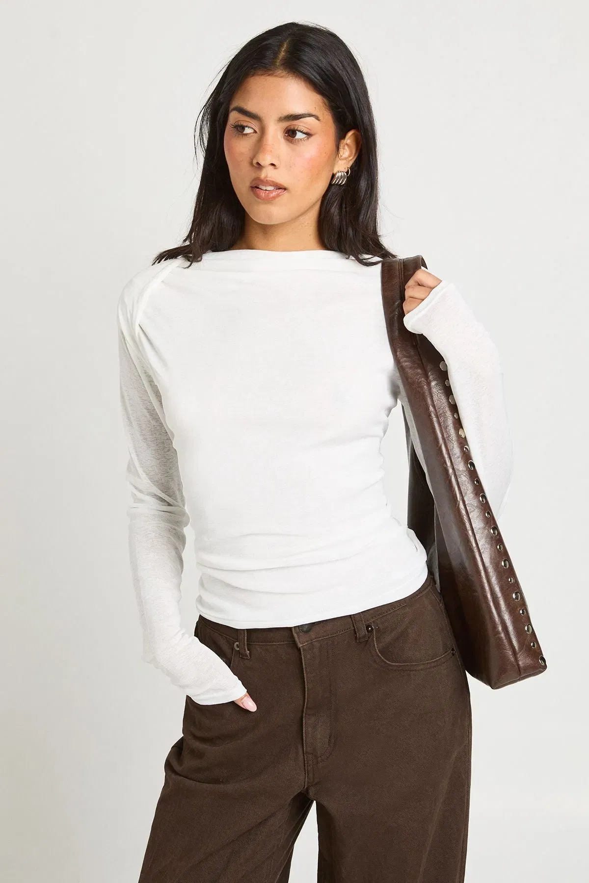Sheer Textured Slash Neck Long Sleeve Top