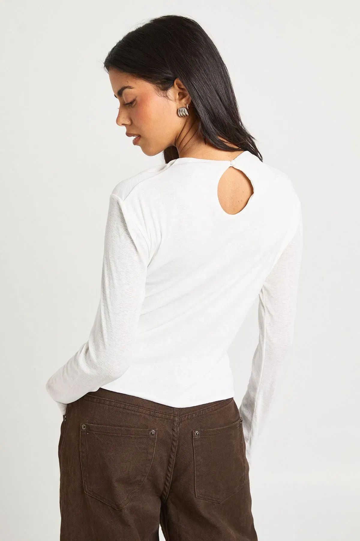 Sheer Textured Slash Neck Long Sleeve Top