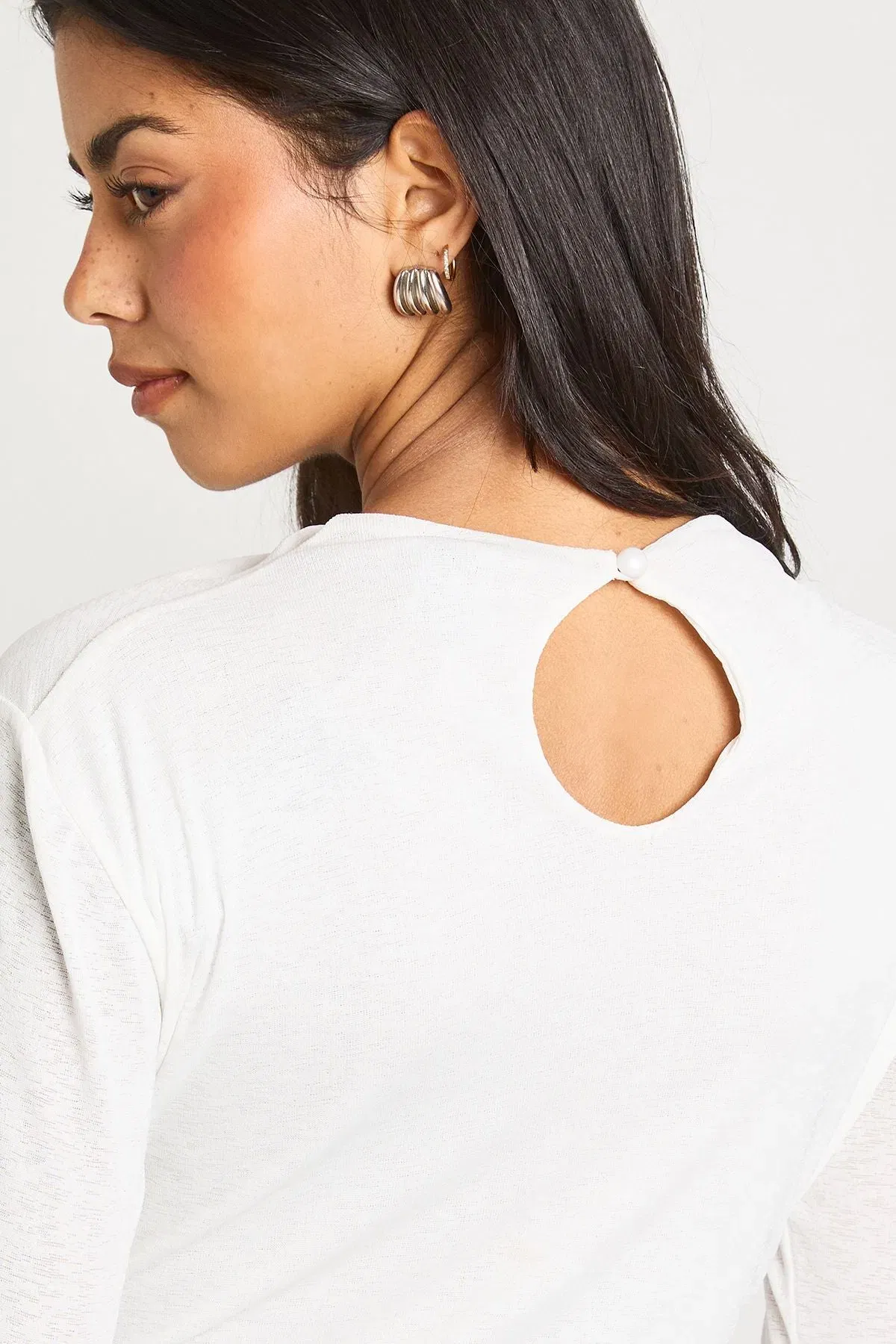Sheer Textured Slash Neck Long Sleeve Top