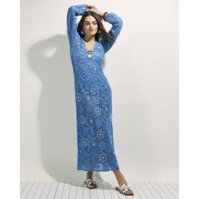 Blue Crochet Shell Maxi Dress