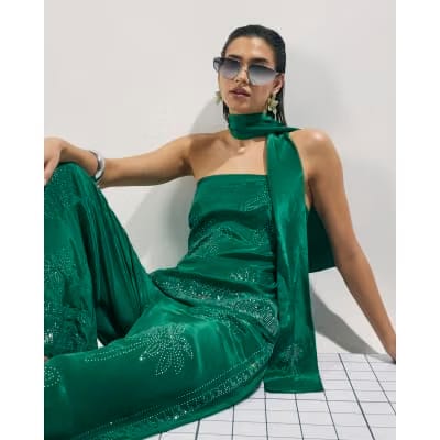 Green Embellished Scarf Bandeau Top