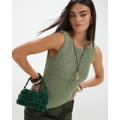 Green Sleeveless Asymmetric Knit Vest Top