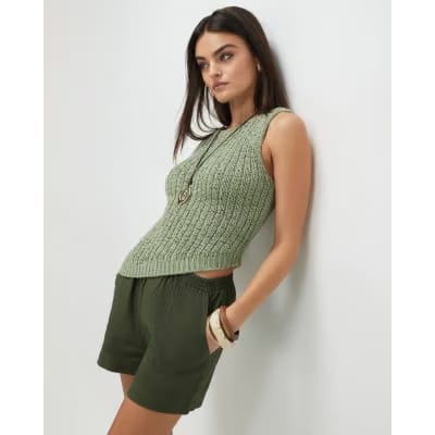 Green Sleeveless Asymmetric Knit Vest Top