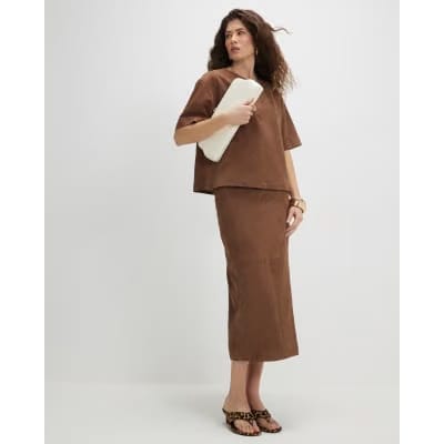Brown Suede Midi Wrap Skirt