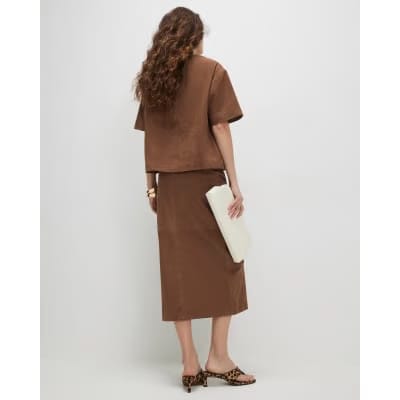 Brown Suede Midi Wrap Skirt