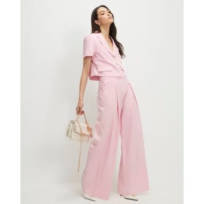 Pink Linen Blend Scalloped Wide Leg Trousers