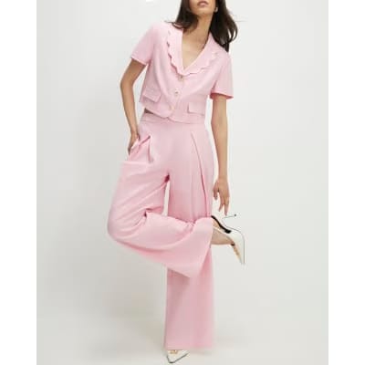 Pink Linen Blend Scalloped Wide Leg Trousers
