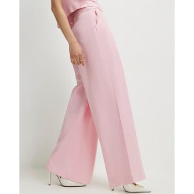 Pink Linen Blend Scalloped Wide Leg Trousers
