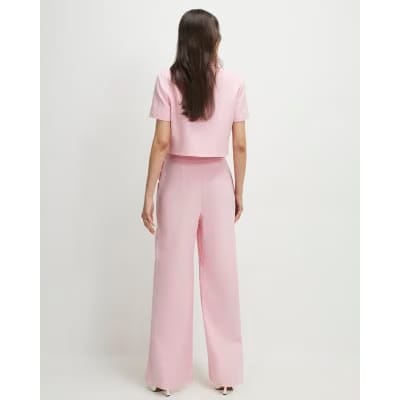 Pink Linen Blend Scalloped Wide Leg Trousers