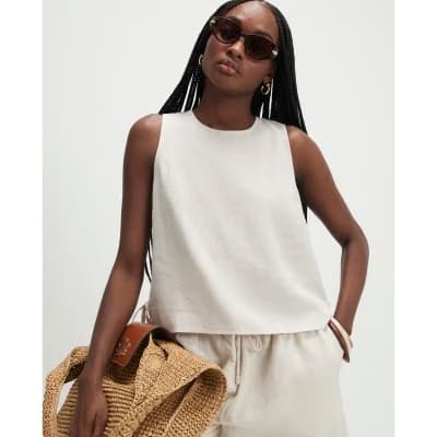 Beige Linen Blend Tank Top