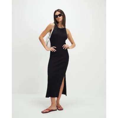 Black Knitted Racer Neck Ribbed Midi Dress