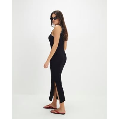 Black Knitted Racer Neck Ribbed Midi Dress