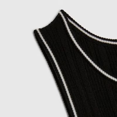 Black Knitted Racer Neck Ribbed Midi Dress