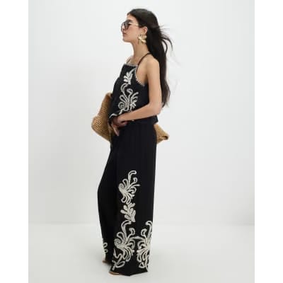 Petite Black Embroidered Wide Leg Trousers
