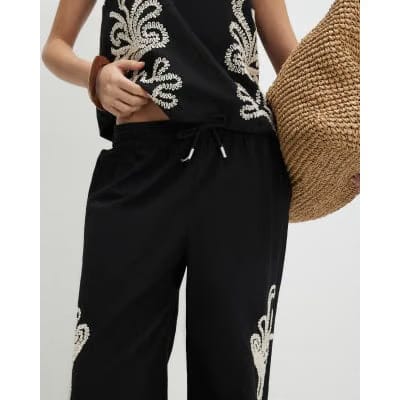 Petite Black Embroidered Wide Leg Trousers