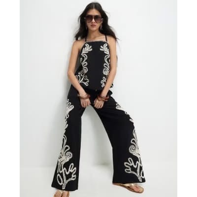 Petite Black Embroidered Wide Leg Trousers