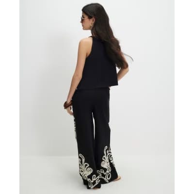 Petite Black Embroidered Wide Leg Trousers