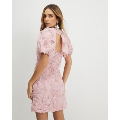 Pink Puff Sleeve 3D Floral Mini Dress