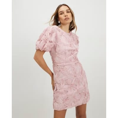 Pink Puff Sleeve 3D Floral Mini Dress