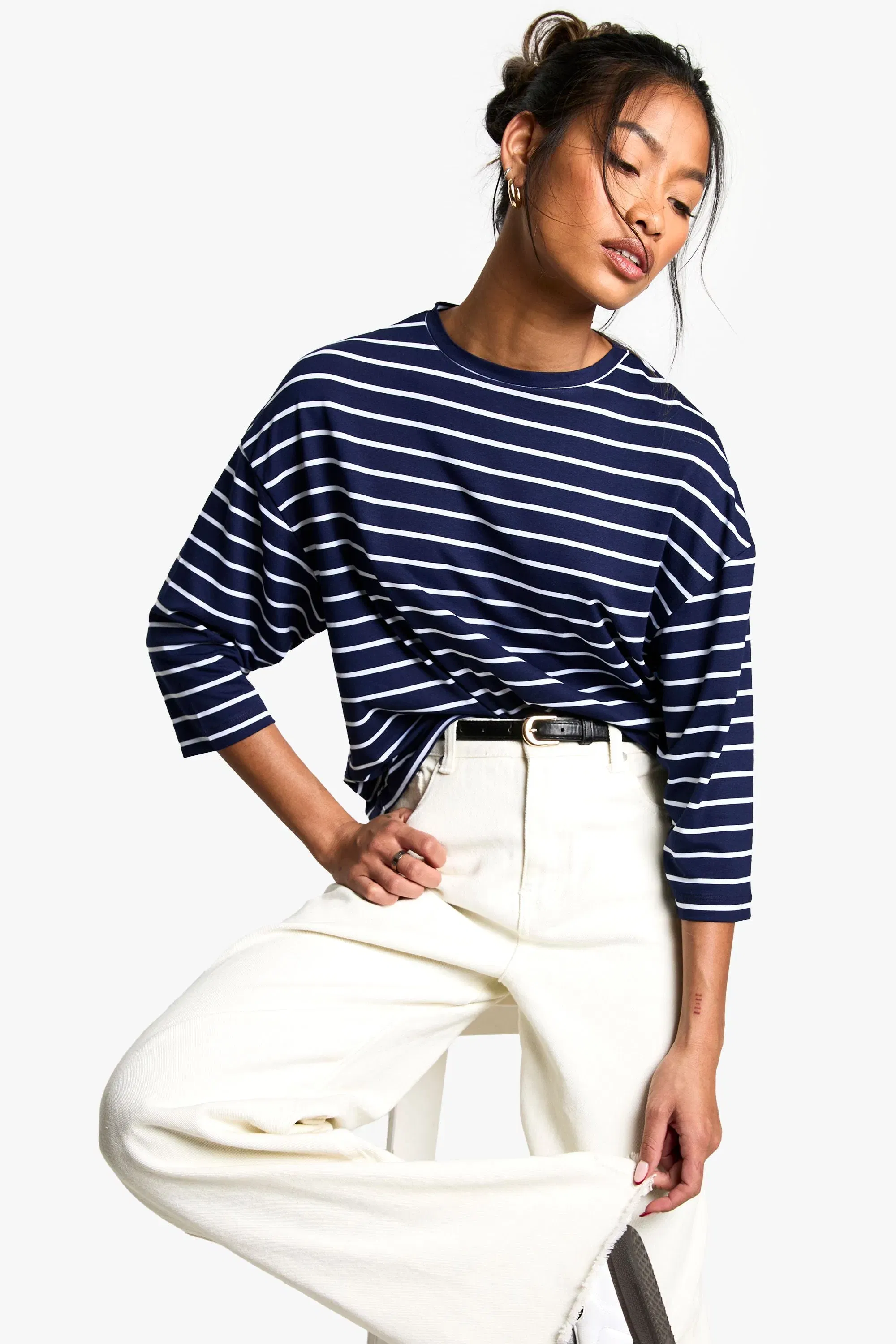 Stripe 3/4 Sleeve Crew Neck Top