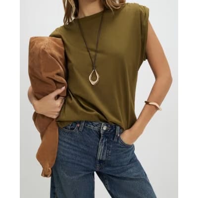 Khaki Premium Ruched Shoulder T-shirt
