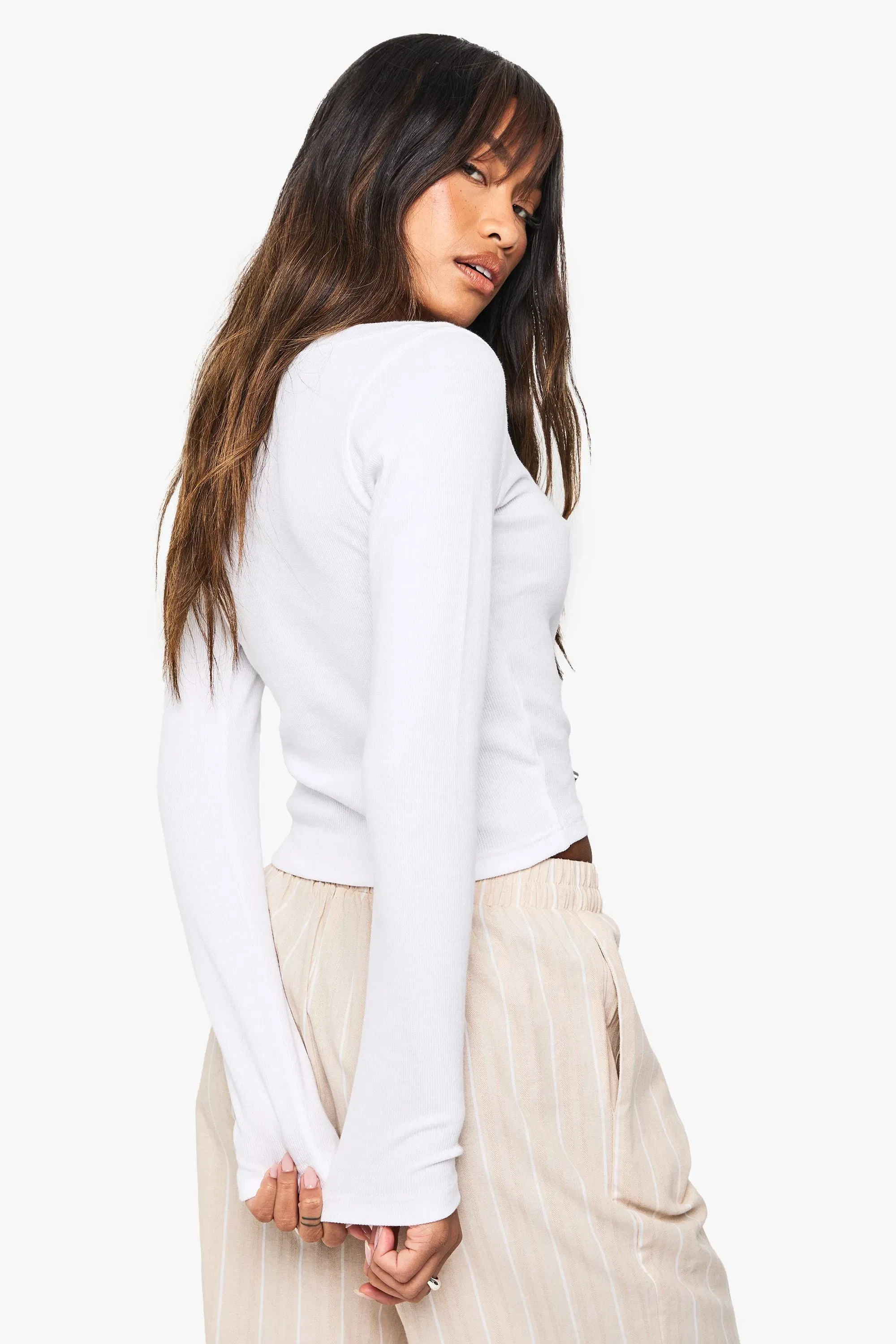 Rib Detail Scoop Neck Long Sleeve Top