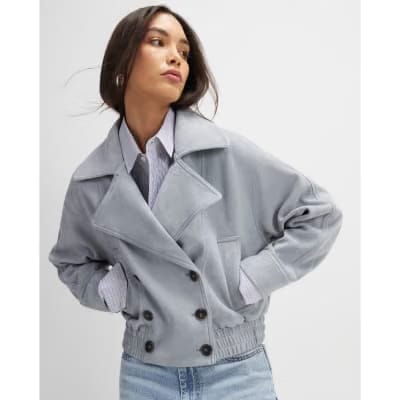 Blue Faux Suede Collared Bomber Jacket