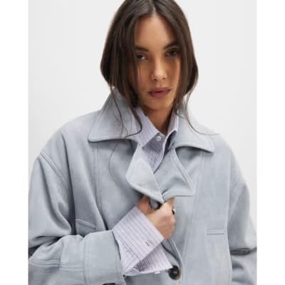 Blue Faux Suede Collared Bomber Jacket