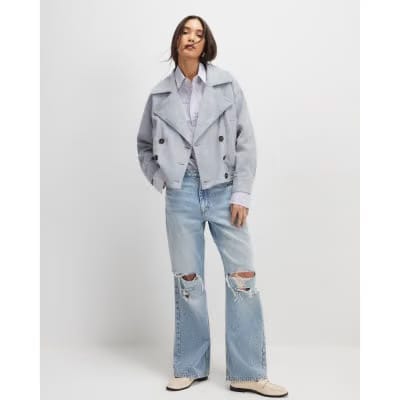 Blue Faux Suede Collared Bomber Jacket