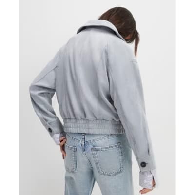 Blue Faux Suede Collared Bomber Jacket