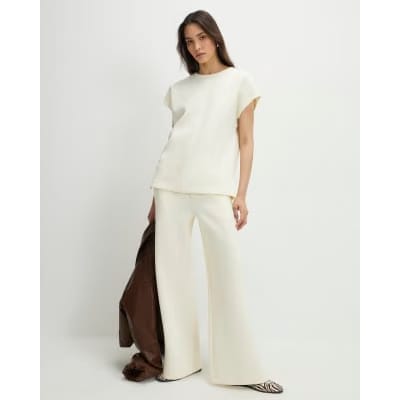 Cream Premium Twill Wide Leg Joggers