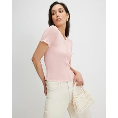 Pink Frill Trim Ribbed Knitted Top