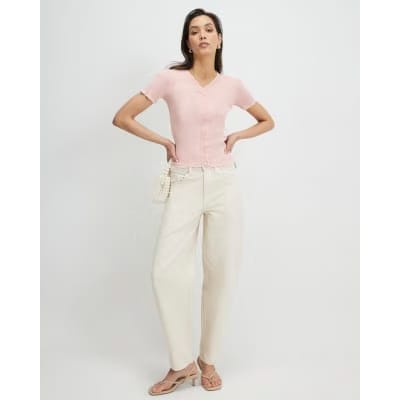Pink Frill Trim Ribbed Knitted Top