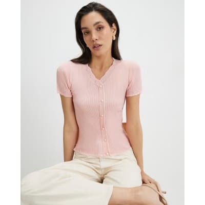Pink Frill Trim Ribbed Knitted Top