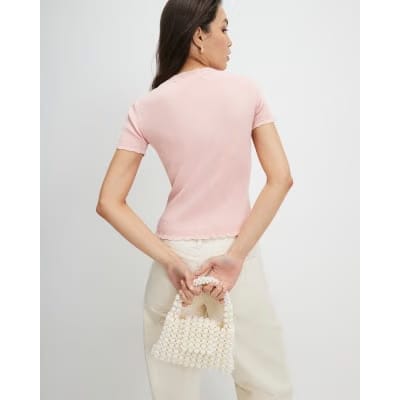 Pink Frill Trim Ribbed Knitted Top