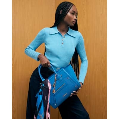 Blue Knitted Long Sleeve Polo Top