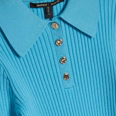 Blue Knitted Long Sleeve Polo Top