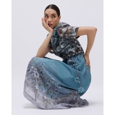 Blue Floral 3D Corsage Midi Dress