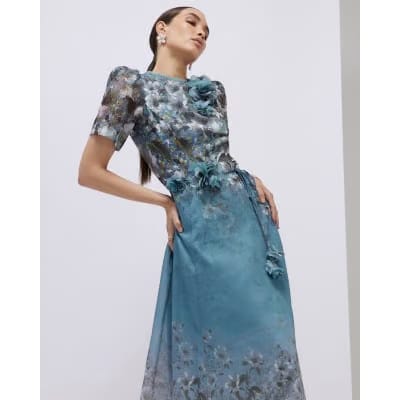 Blue Floral 3D Corsage Midi Dress
