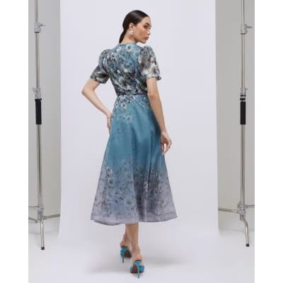Blue Floral 3D Corsage Midi Dress