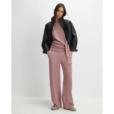 Pink Textured Wide Leg Trousers