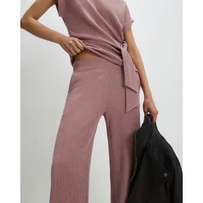 Pink Textured Wide Leg Trousers