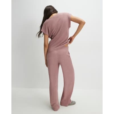 Pink Textured Wide Leg Trousers