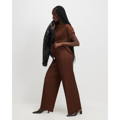 Brown Plisse Wide Leg Trousers