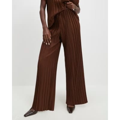 Brown Plisse Wide Leg Trousers