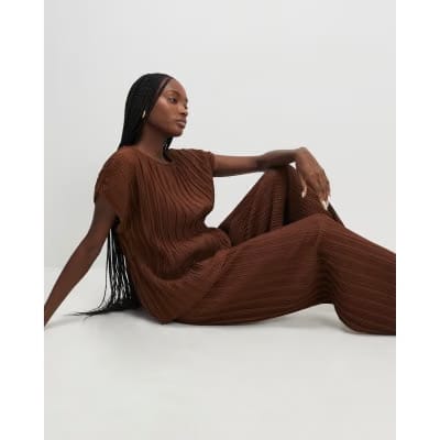 Brown Plisse Wide Leg Trousers