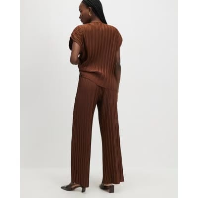 Brown Plisse Wide Leg Trousers