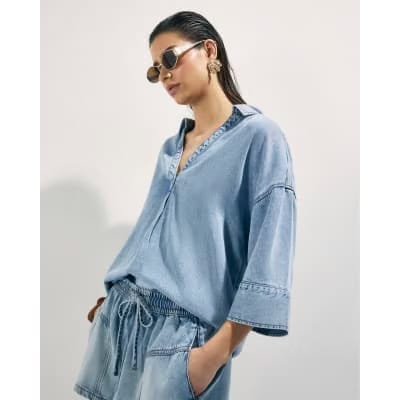 Blue Denim Short Sleeve Tunic Top